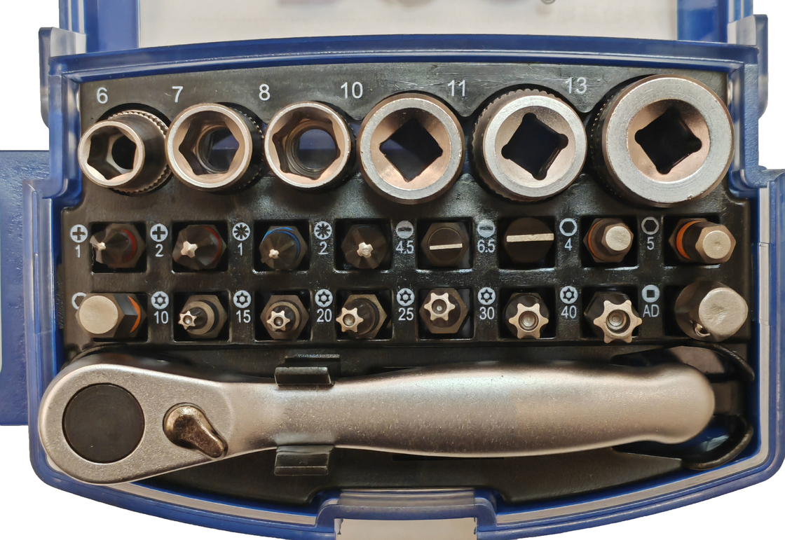 Набор торцевых головок и насадок 1/4&quot;, 25 шт., сталь S2/CR-V, с поворотным зажимом для ремня Мини-гаечный ключ с трещоткой в ​​прочной пластиковой коробке